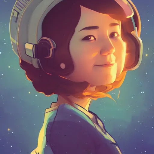 Image similar to an astronaut lost in orbit, a look of wonder on her face, ambient lighting, 4 k, lois van baarle, ilya kuvshinov, rossdraws, alphonse mucha, jung gi kim, artstation