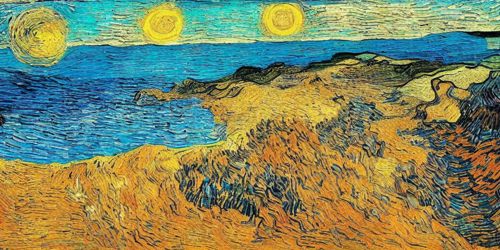 Image similar to a beach between two valley, by Salvador Dali and Van Gogh collaboration, sun set, digital art, high details, drone wide shot