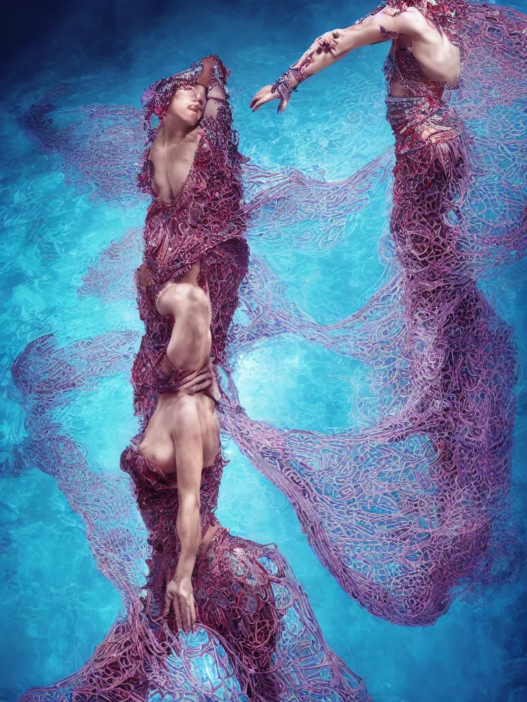 Prompt: a beautiful hyperdetailed rendering of an underwater bellydancer with extremely long flowy dress like a beta fish fins, weightless, deep color, fine bubbles, cryengine, 8 k, extreme detail, full subject in frame and view, epic scale ultrawide angle, designed by iris van herpen and alexander mcqueen, slow motion fashion, low key lighting