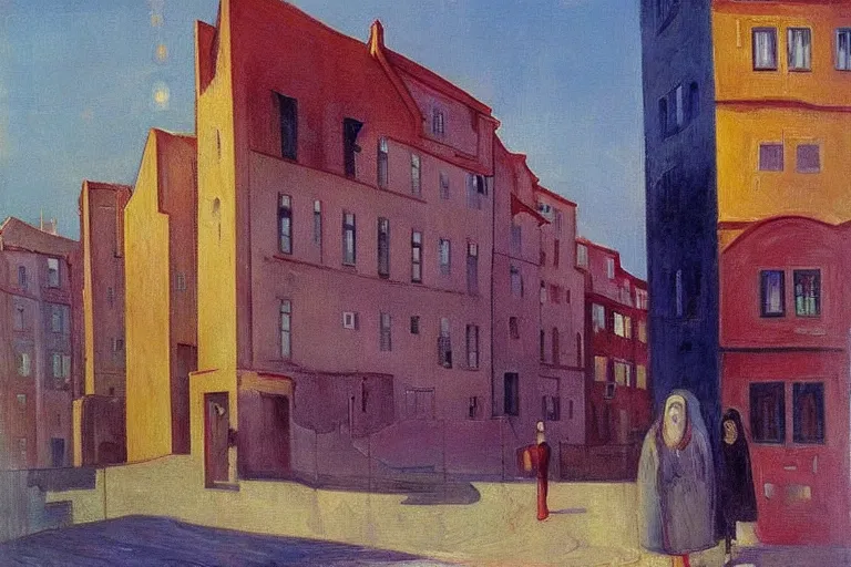 Image similar to unique shops, apartment towers, and cute townhouses along a city street, oil painting by edvard munch, stanislaw beksinski