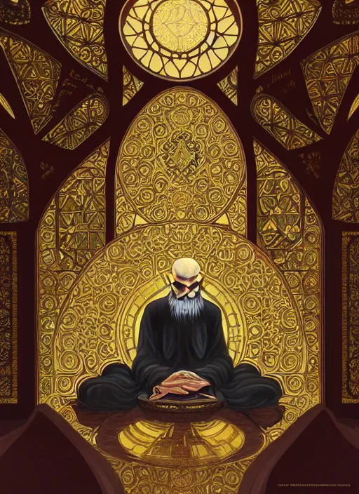 Image similar to grigori raspoutine praying in the mosque, intricate, elegant, highly detailed, my rendition, digital painting, artstation, concept art, smooth, sharp focus, illustration, art by artgerm and greg rutkowski and alphonse mucha and uang guangjian and gil elvgren and sachin teng,