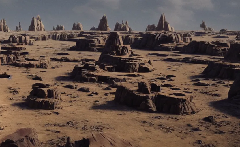 Prompt: screenshot wide shot of Luke Skywalker Jedi Temple, good day, morning, landscape, no people, no man, steampunk, desert, lost world, Anime Background, concept art, illustration,smooth, sharp focus, 1970s thriller by Stanely Kubrick film, color kodak, ektochrome, wide angle anamorphic lenses, detailed faces, moody cinematography