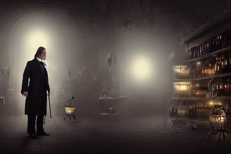 Image similar to an ultra realistic, cinematic, fantasy, portrait, of an evil businessman, elden ring, fairy lights, facial features, stood in a supermarket, with victorian clothing, detailed, deep focus, movie still, dramatic lighting, ray tracing, by michal karcz and yoshitaka amano
