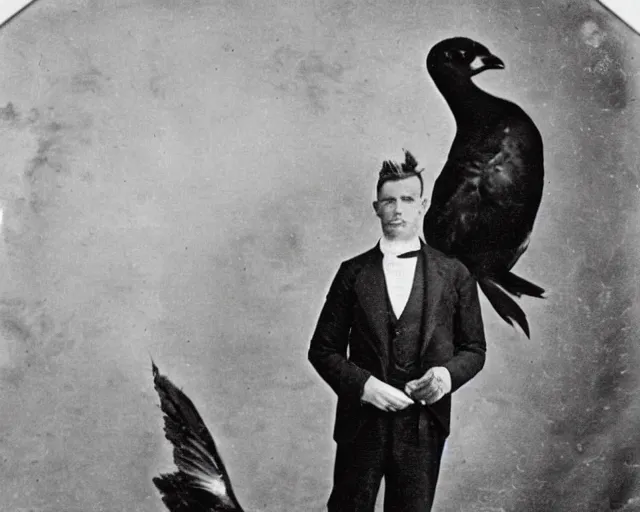 Image similar to early 1 9 0 0 s photo of a man in a suit next to a huge black taxidermied bird, black and white, newspaper clipping