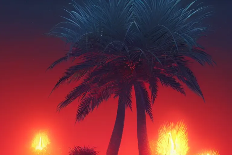 Prompt: 4K hyper detailed portrait of a Fiery Palm tree igniting a black background, sending flickering aesthetic firefly ashes towards viewer by Makoto Shinkai, by Artgerm, by beeple, by Greg Rutkowski, volumetric lighting, octane render, 4K resolution, trending on artstation, masterpiece