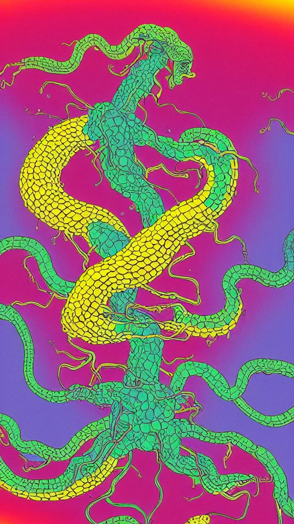 Image similar to a portrait of a lernaean hydra with human heads and psychedelic arms on an acid trip in a multicoloured rainbow in the cosmos, flat design, screen print by Kawase Hasui and dan hillier, 8k unreal engine