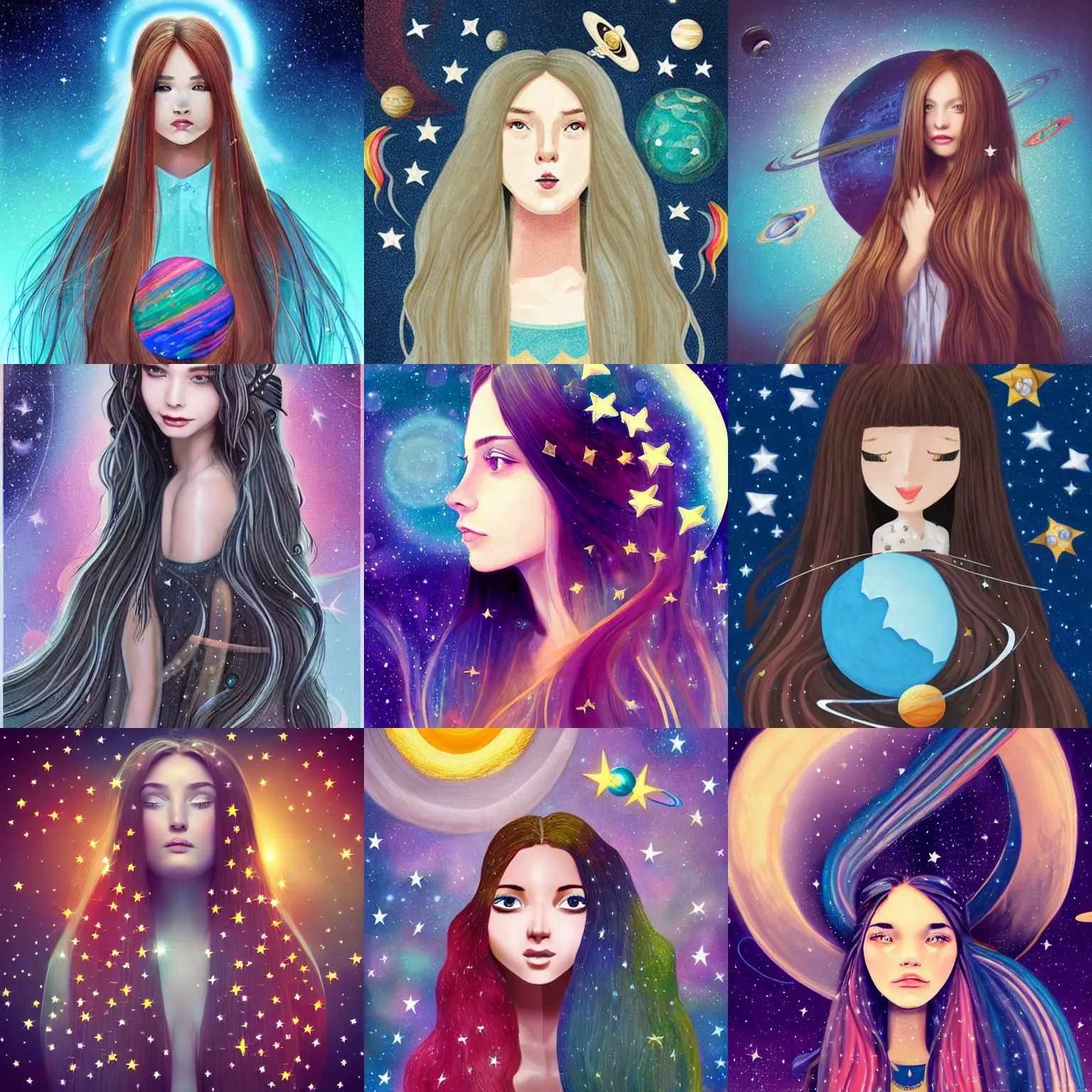 Prompt: girl with long hair with stars and planets, magical, high details, high modernization, ultra mega super hyper realistic, ultra mega super hyper beautiful