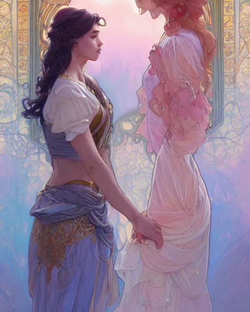 Prompt: secret romance, highly detailed,, gold filigree, romantic storybook fantasy, soft cinematic lighting, award, disney concept art watercolor illustration by mandy jurgens and alphonse mucha and alena aenami, pastel color palette, featured on artstation