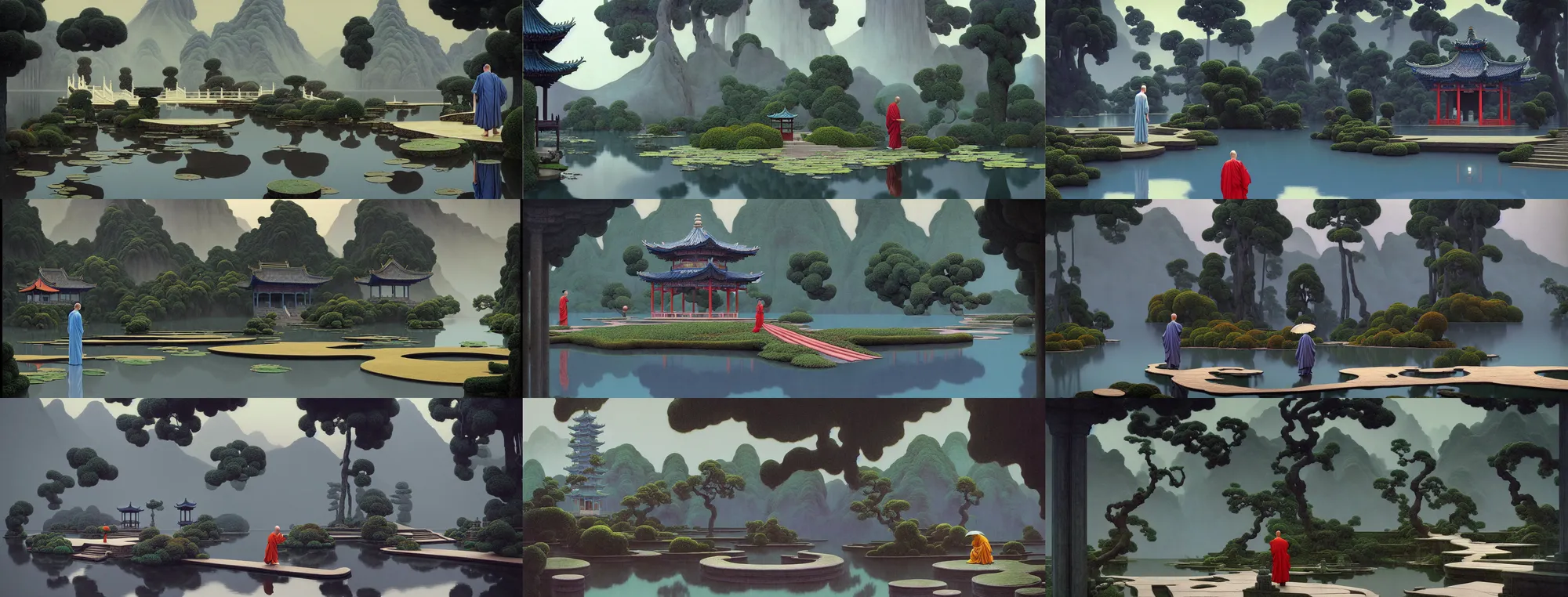 Prompt: a gorgeous landscape painting by barlowe wayne maxfield parrish and marco mazzoni. rainy mood. chinese temple. just one lonely chinese monk in grey blue long gown walks on the winding steps. lotus lake. ultra clear detailed. 3 d, octane render. turbulent blood lake.