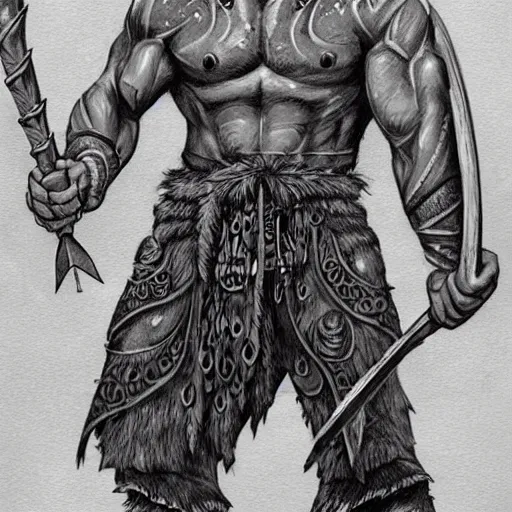 Image similar to frost giant, with a battleaxe, has tribal tattoos, very muscular, large fists, fantasy, d & d, intricate, detailed, by greg ruthowski, trending on artstation, smooth, sharp focus