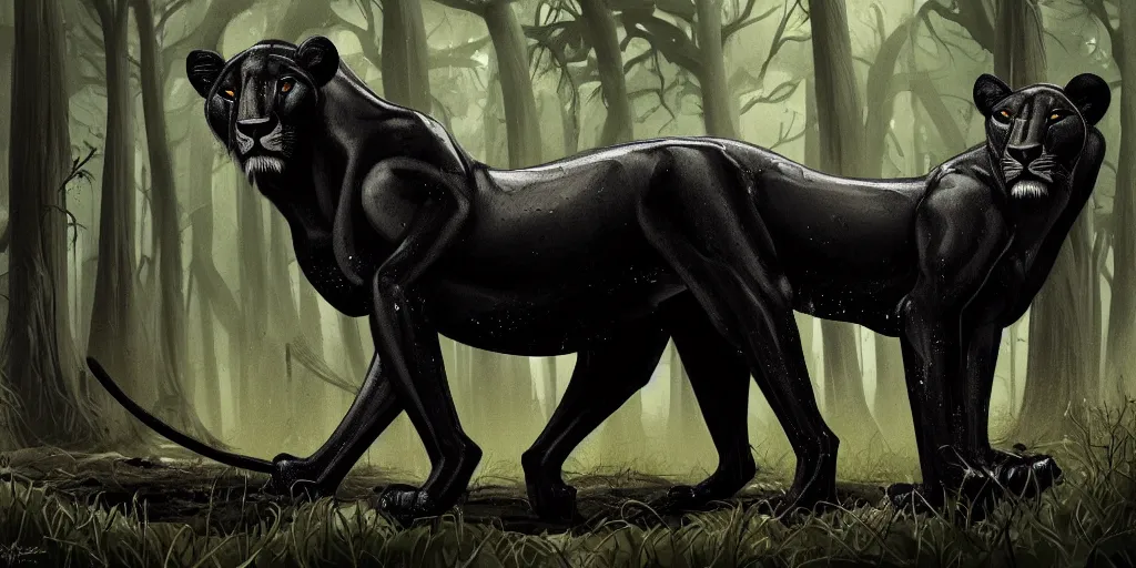 Image similar to a black lioness, made of smooth black goo, prowling through the forest, viscous, sticky, full of tar, covered with black goo. concept art, realism, animal drawing, color, savanna, wildlife photography, black goo, cinematic, in the style of cory loftis