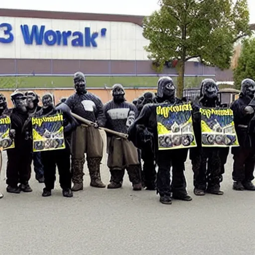Prompt: orcs standing outside of a Walmart, protesting the working conditions, in 2005