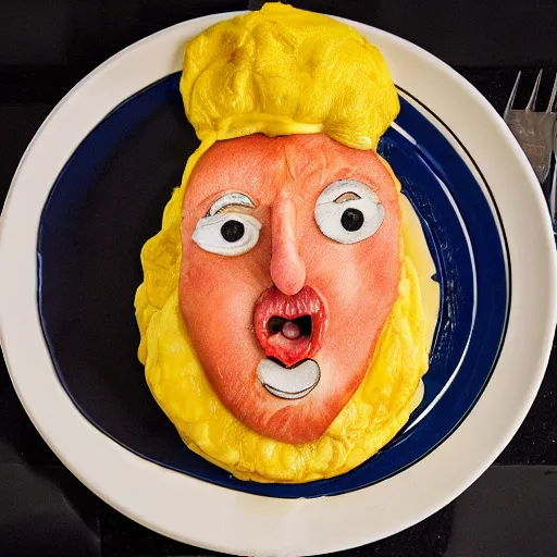 Image similar to Donald Trump anthropomorphic omelette, food photography