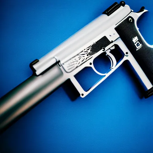 Image similar to gun with a blue crown logo design imprinted on it