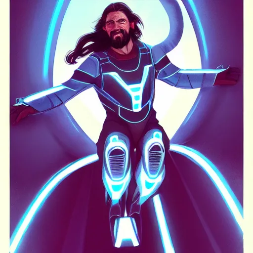 Image similar to tron legacy jesus riding waterslide, face closeup, laughing, diffuse lighting, hyper realistic, concept art, intricate, hyper detailed, smooth, sharp focus, illustration, trending on artstation, art by greg rutkowski and james gurney and alphonse mucha