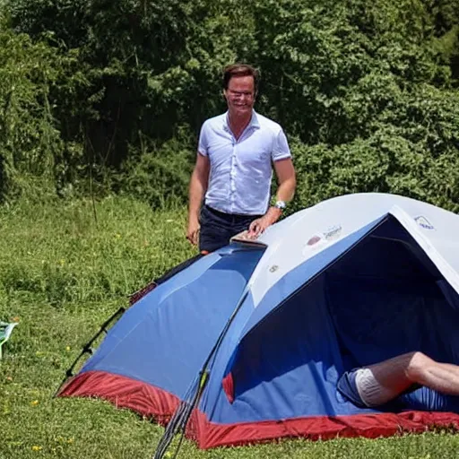 Prompt: mark rutte chilling in front of a tent on a camping in Italy, press photograph