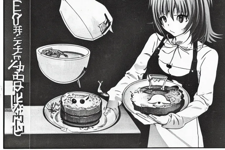 Prompt: anime catgirl and cheese aspic, cookbook photo 1 9 8 2,