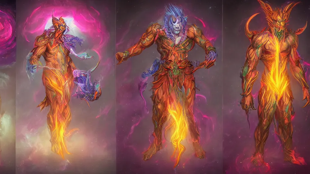 Image similar to a fantasy muscular Bright cosmic void ghost demon with two heads and a long tail character design sheet, trending on artstation