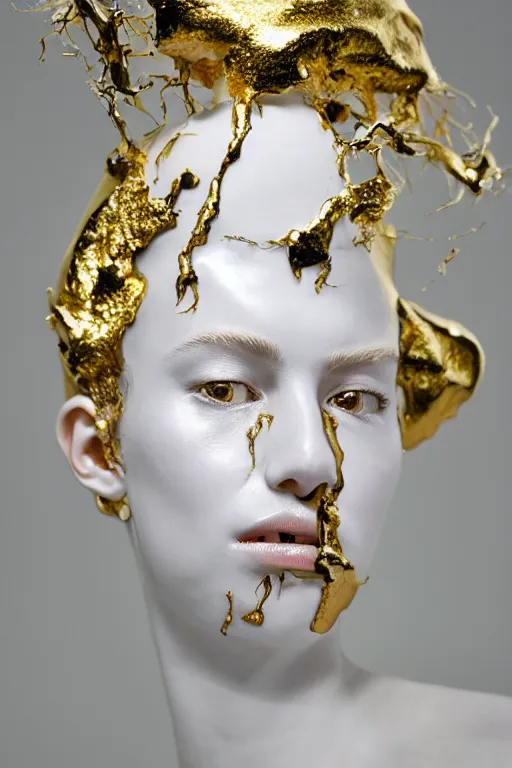 Prompt: full head and shoulders, beautiful porcelain female person, smooth, delicate facial features, white detailed eyes, white lashes, 3 d white anatomical bones, large electrical gold sparks, gold leaf and glowing lightening, by daniel arsham and james jean