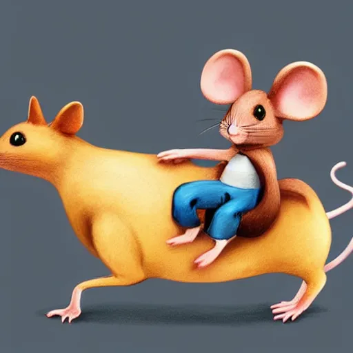 Image similar to a mouse who is riding on the back of a prancing cat, illustration, digital art, trending on artstation