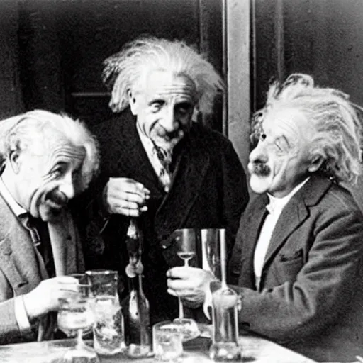 Image similar to albert einstein drinking rakia with his friends