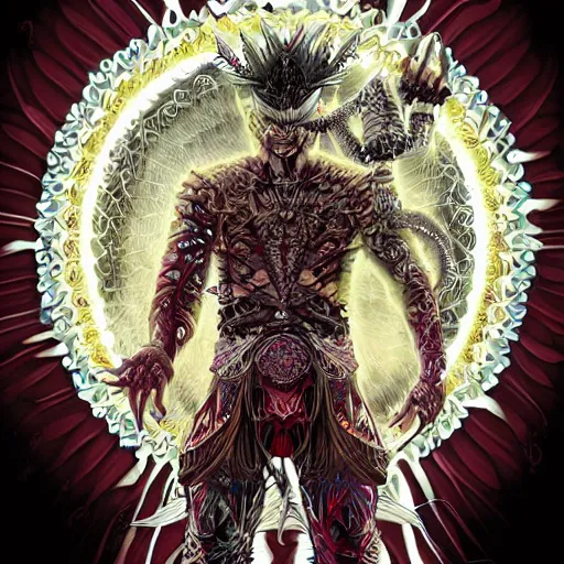 Image similar to 4K headshot portrait of godlike Ninja with defined arms and open hands and bloody clothes with giant mandala wings , intricate face , flawless anime cel animation by Kentaro Miura, psychedelic , highly detailed upper body , professionally post-processed , beautiful, scary, symmetry accurate features, epic, octane rendered, anime masterpiece, accurate by Craig Mullins, ilya kuvshinov, krenz cushart, epic , artgerm trending on artstation by Edward Hopper and Dan Mumford and WLOP and Rutkovsky, beksinski carl spitzweg moebius and tuomas kocar, intricate artwork by caravaggio, Unreal Engine 5, Lumen, Nanite