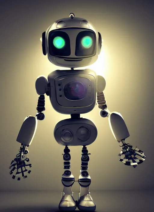 Image similar to a cute little robot, wearing clothes, clockwork gears visible in a hole in his chest, global illumination, radiant light, detailed and intricate environment