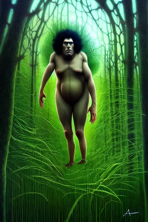 Prompt: andre the giant lies overgrown with grass and trees by anna dittmann