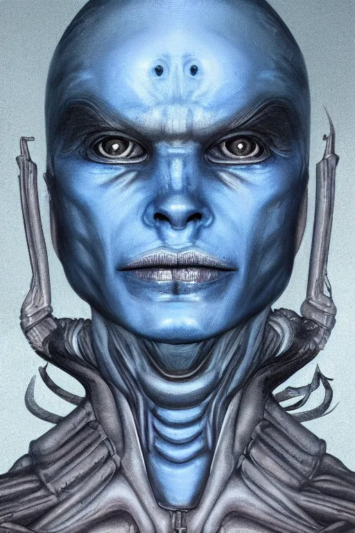 Image similar to portrait from a handsome blue masculine extraterrestrial alien, sci - fi art, hr giger, trending on artstation