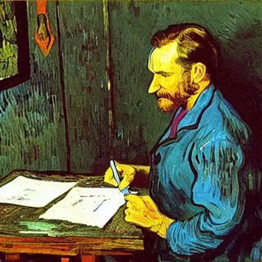 Prompt: Robin Williams printing copies by Vincent Van Gogh-n 9