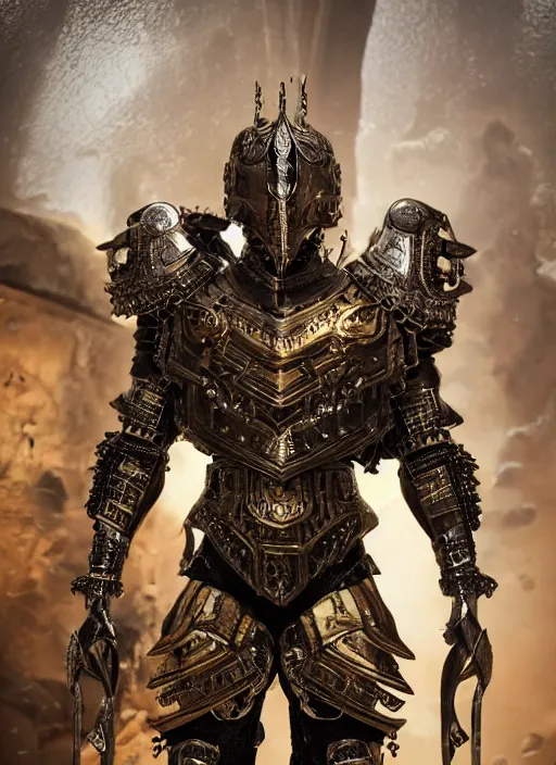 Image similar to hyper realistic glorious ancient in a obsidian metal armor, futuristic design, portrait, cyberpunk style, wood and gold details, intricate, extremely detailed, ornate, deep of field, hard surface, exoskeleton, substance designer metal unreal engine. amazing likeness. very detailed.