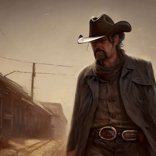 Image similar to portrait of a man with a long duster, grey hair and a cowboy hat walking in an old west town, harsh good looking face, middle aged, drawn by ruan jia, disco elysium style, fantasy art, dramatic lighting, digital art, 8 k, highly detailed