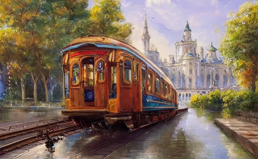 Image similar to Beautiful alchemy urban train that rides inside of a waterway on a fantasy city, next to a fountain and a mystical palace. By Konstantin Razumov, highly detailded