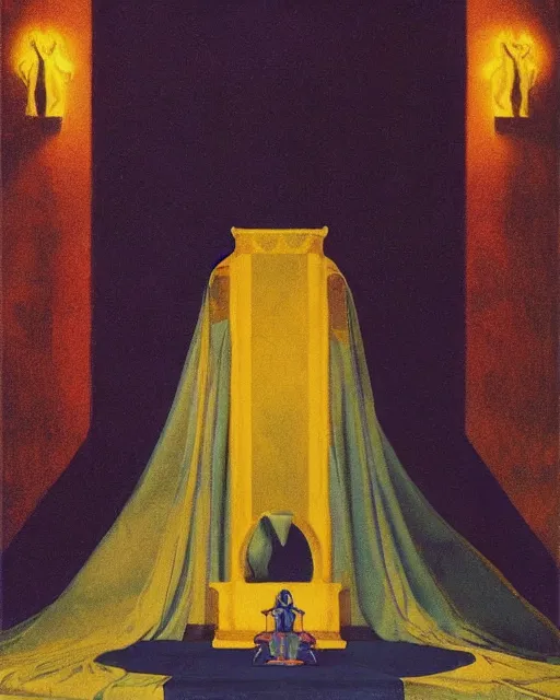 Prompt: an illustration of a queen on a throne at night by johann heinrich fussli, by nicholas roerich, by georgia o keeffe, realistic, detailed, oil painting, 1 9 th