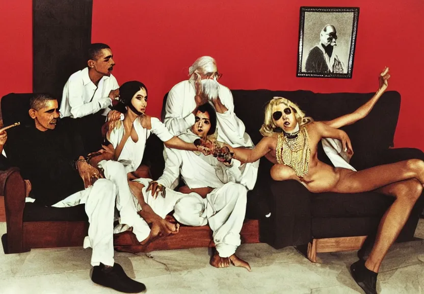 Image similar to smoke session for the ages: Gandhi , Obama, Jesus, And Lady GaGa smoking a fat blunt on a sofa by Andy Warhol, photograph