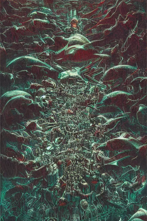 Image similar to swarm of sorrowfish lord, painted by jacek yerka and john berkey, trending on artstation, dramatic maroon and green lighting camera view from above lord of the rings, gothic, black and white, hyperrealism, halftone