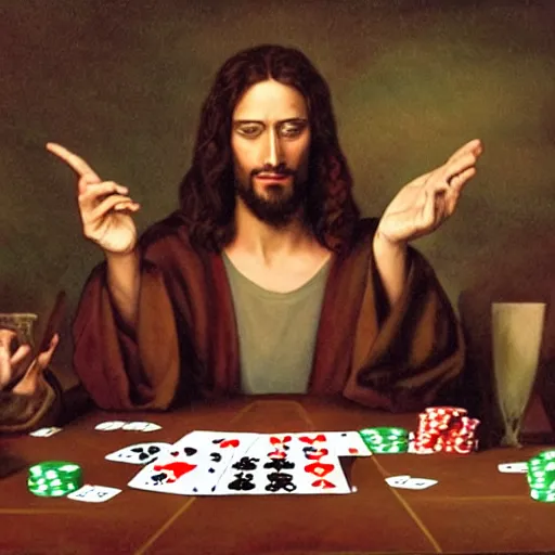 Image similar to nine various interpretations of Jesus playing poker