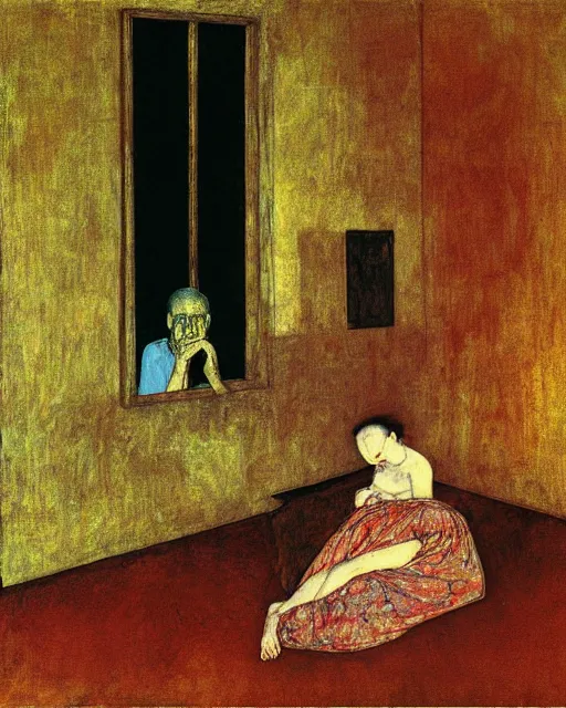 Image similar to early color photo of an old dead couple sitting in a living room in an old apartment and a man is looking through a window,  Beksinski impasto painting, part by Egon Schiele and Gerhard Richter. art by Francisco Goya and Takato Yamamoto,  Francis Bacon masterpiece