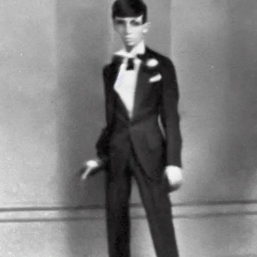 Image similar to 1930s porteait of a young anorexic man with very long hair and extravagant clothes