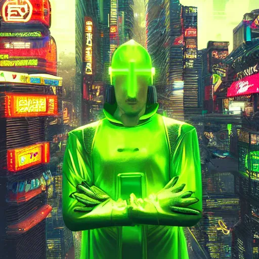 Prompt: cyberpunk super mario super realistic in neon green exoarmour in a cinematic composition