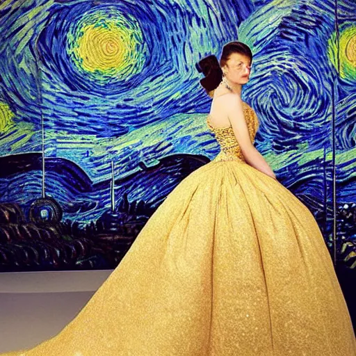 Image similar to Stunning photograph of a magnificent and extravagant ball gown designed after by Van Gogh's Starry Night. Fashion contest winning piece. Studio lighting