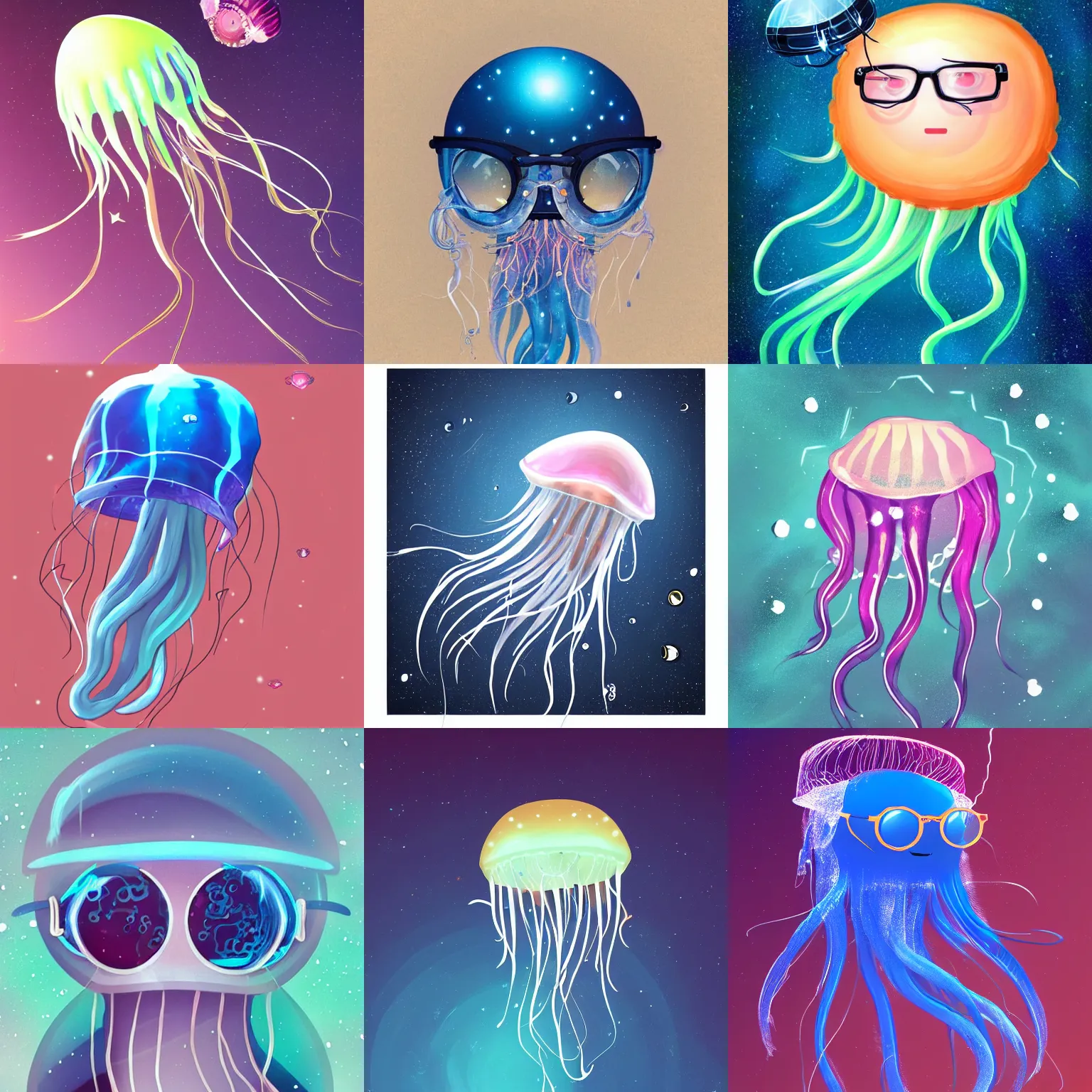 Prompt: a jellyfish in space wearing glasses, glasses frames, artstation, space jellyfish