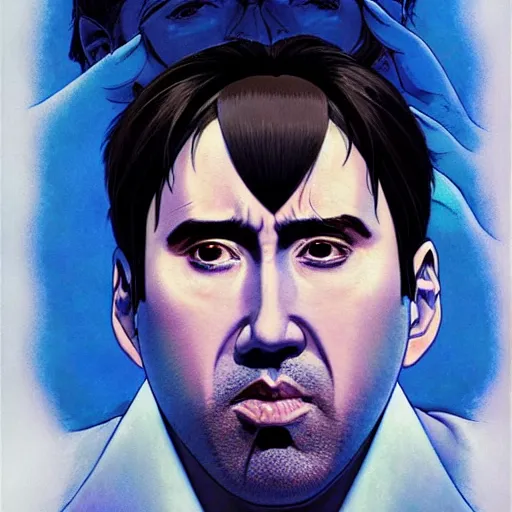 Prompt: prompt : blue nicolas cage illustration portrait soft light painted by james jean and katsuhiro otomo and erik jones, inspired by evangeleon anime, smooth face feature, intricate oil painting, high detail illustration, sharp high detail, manga and anime 1 9 9 9