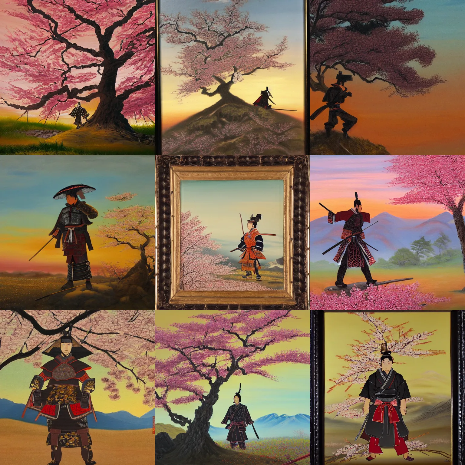 Prompt: detailed oil painting of a samurai in armor standing on a hill at sunset, a cherry blossom tree is next to the samurai