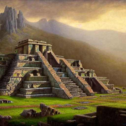 Image similar to a beautiful and highly detailed matte painting of aztec ruins in the mountains, thick mist, sunlight, celtic, psychedelic, epic scale, insanely complex, hyperdetailed, sharp focus, hyperrealism, artstation, cgsociety, 8 k, bright colors, by caspar friedrich, albert bierstadt, james gurney, brian froud,