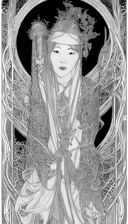 Prompt: yoon young bae as the high priestess, by mucha, black and white graphite drawing, smooth render