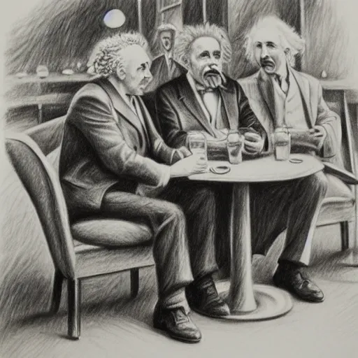 Image similar to Einstein and Tesla sitting at cafe, pencil drawing, ultra detailed