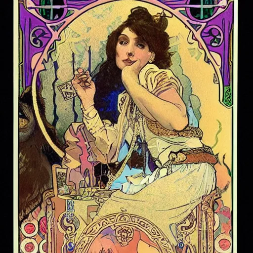 Image similar to poster of Gypsy lady doing tarot card reading inside a gypsy caravan surrounded by cats, art nouveau, 1878, Alphonse Mucha, decorative panels, old paper, soft colors