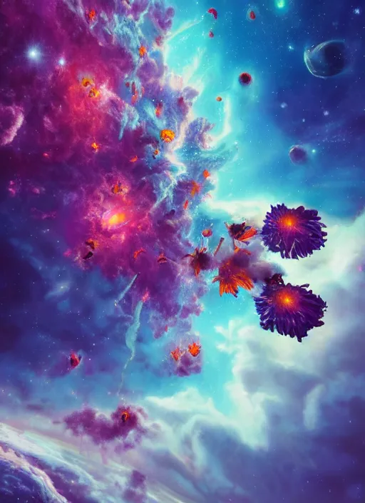 Image similar to An epic fantastic realism comic book style painting of the most beautiful flowers launched into space, nearby stars and fantastic nebula, bouquets, fisheye lens, unreal 5, DAZ, hyperrealistic, octane render, dynamic lighting
