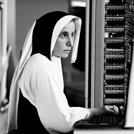 Image similar to award - winning photograph of a nun hunched over a computer while she hacks into the mainframe. the nun's face is beautiful and detailed